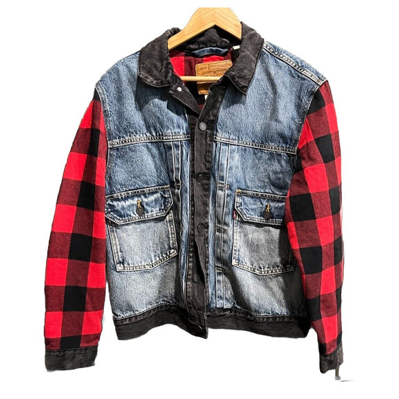 Levi's Premium Denim and Red Plaid Men's Jean Trucker Jacket Size S - Picture 1 of 6